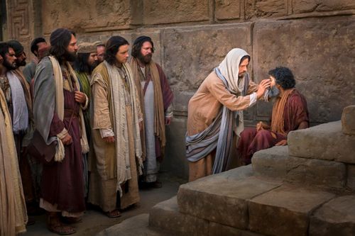 A group of men gather behind Christ as He heals a blind man, who is sitting on stone steps.