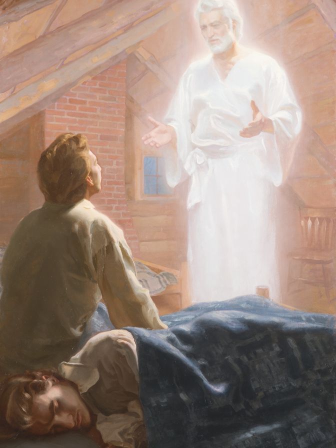 Angel Moroni's First Visit art. Features a painting of Joseph Smith sitting up in bed while his brother (presumably, Alvin) is asleep. Joseph is visited by the Angel Moroni.