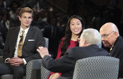 Young adults host a Face to Face event with President Oaks and President Ballard.