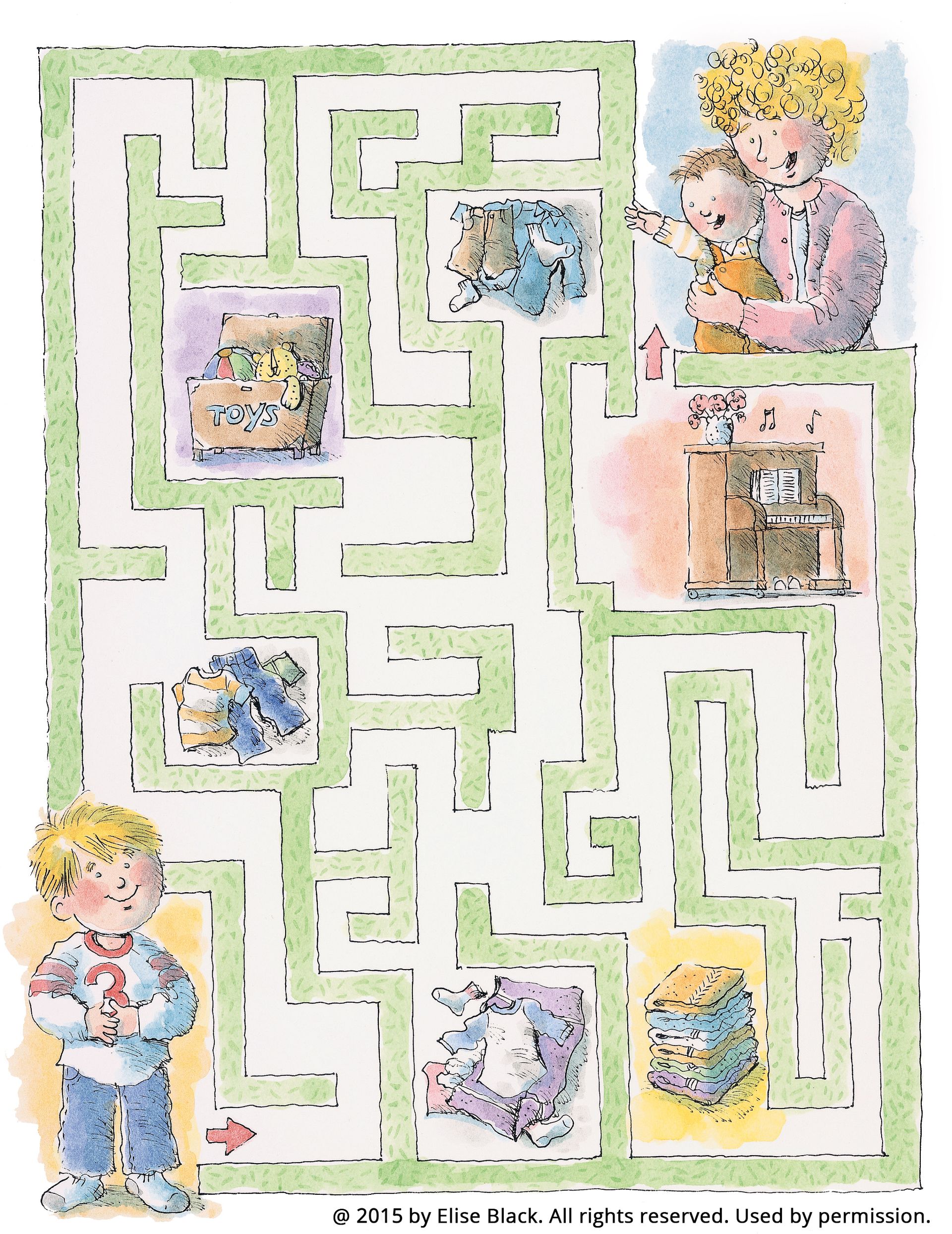 A maze with a boy going around household objects to his mom and little brother.