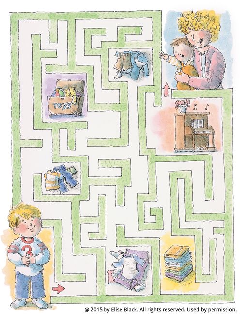 A boy starting at the bottom of the page and walking through a maze of household objects to his mom and younger brother at the top of the page.