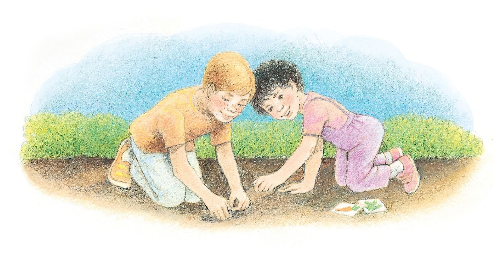 A boy and a girl planting seeds in a garden. From the Children’s Songbook, page 237, “The Prophet Said to Plant a Garden”; watercolor illustration by Virginia Sargent.