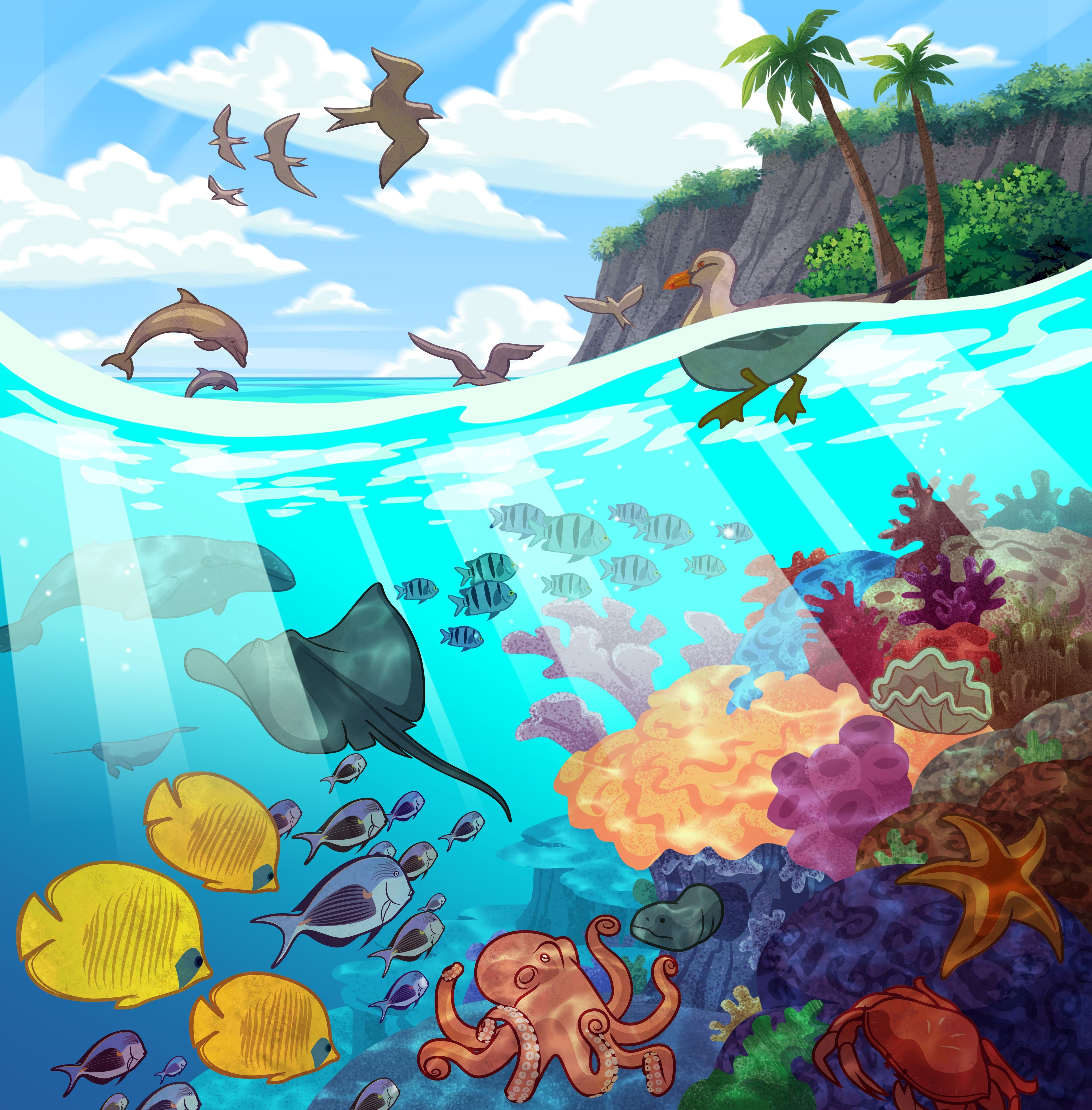 Illustration of sea creatures. Genesis 1:20–23; Moses 2:20–23; Abraham 4:20–23