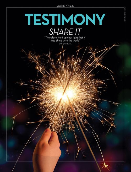 A conceptual photograph showing one sparkler firework being used to light another, paired with the words “Testimony: Share It.”