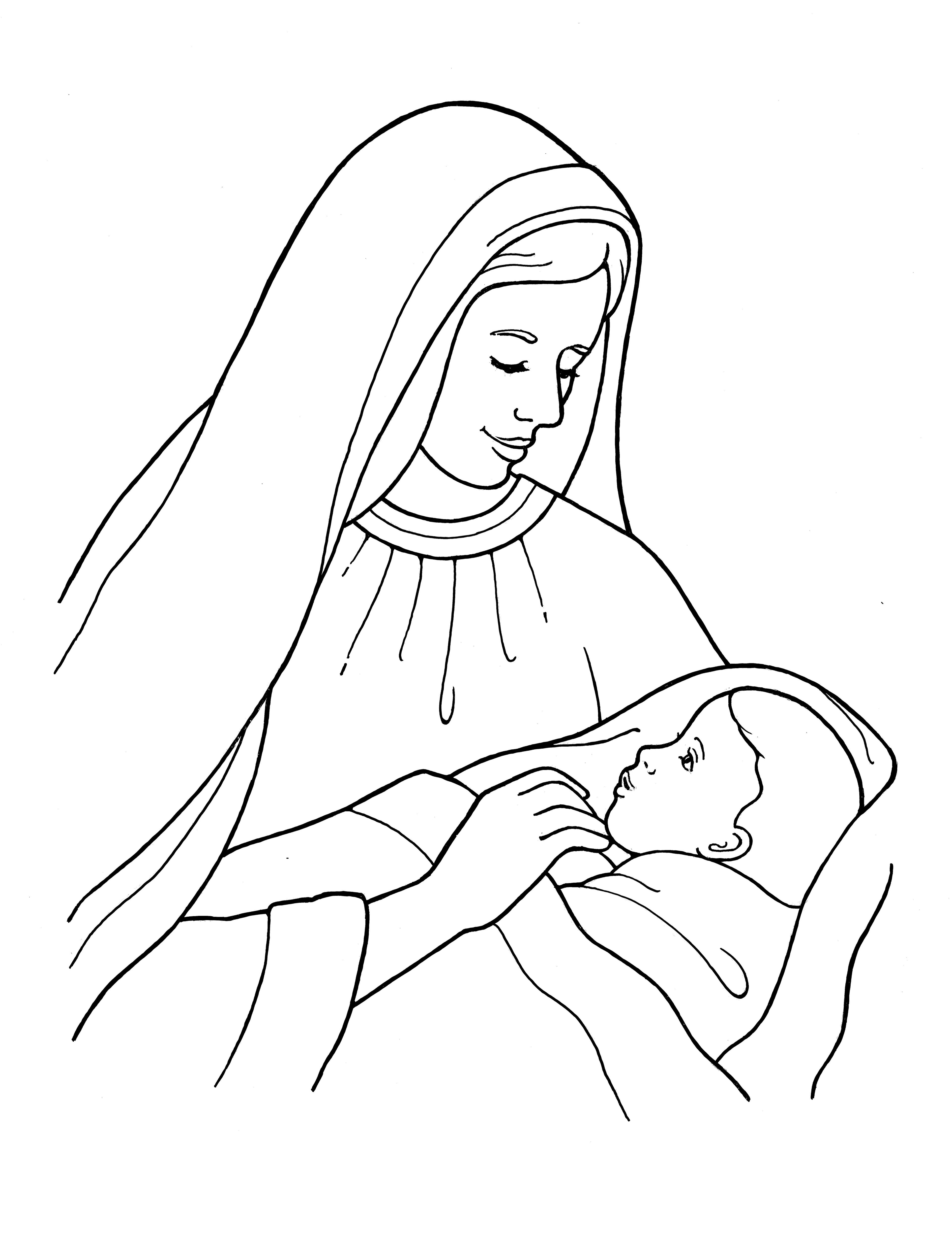 An illustration of Mary holding the baby Jesus, from the nursery manual Behold Your Little Ones (2008), page 127.