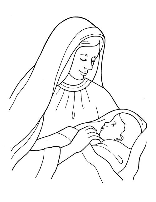A black-and-white illustration of Mary holding the baby Jesus, who is swaddled in a blanket.