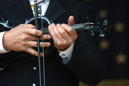A musician in a black suit and white shirt holding a black violin.