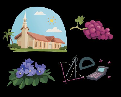 A church building, grapes, purple flowers, and a calculator and math symbols