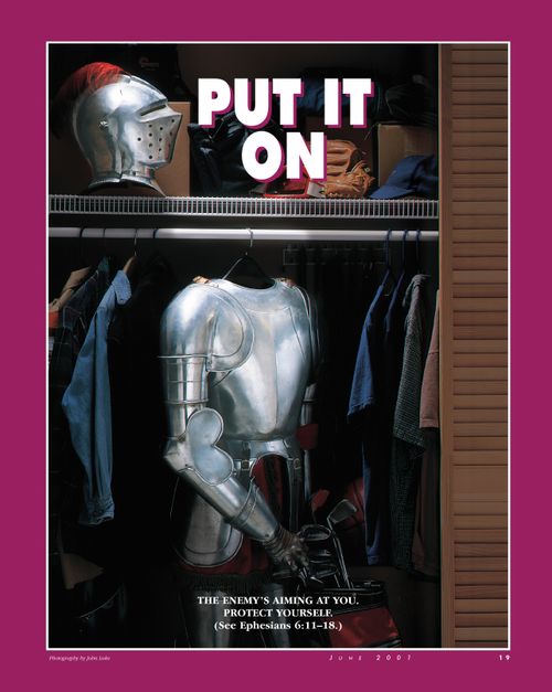 A conceptual photograph of a suit of armor in a closet full of normal clothing, paired with the words “Put It On.”
