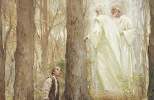 Painting of the first vision by Walter Rane.  The Father and Son appear to Joseph Smith in the sacred grove.