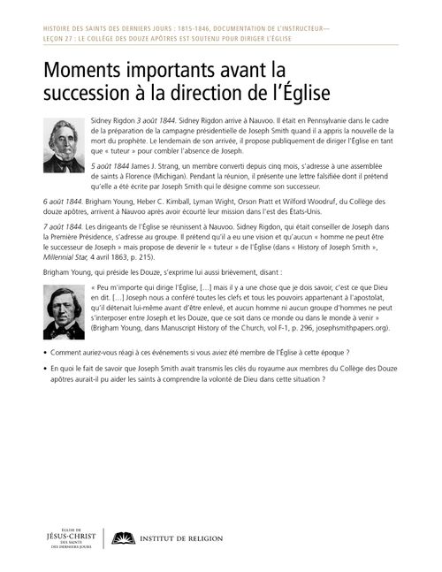 Document à distribuer : Moments importants avant la succession à la direction de l’Église