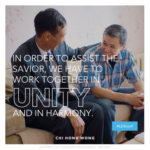 An image of two men talking, combined with a quote by Elder Chi Hong (Sam) Wong: “We have to work together in unity and in harmony.”