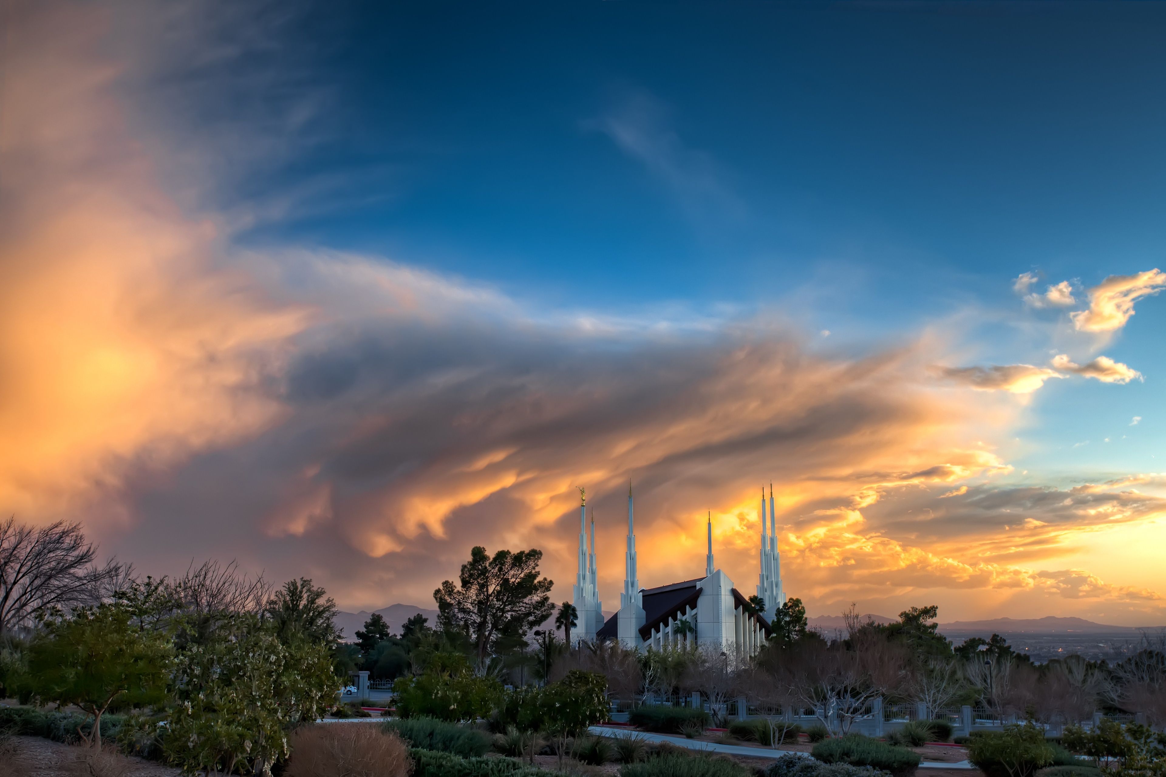 The Las Vegas Nevada Temple at sunset, including scenery.