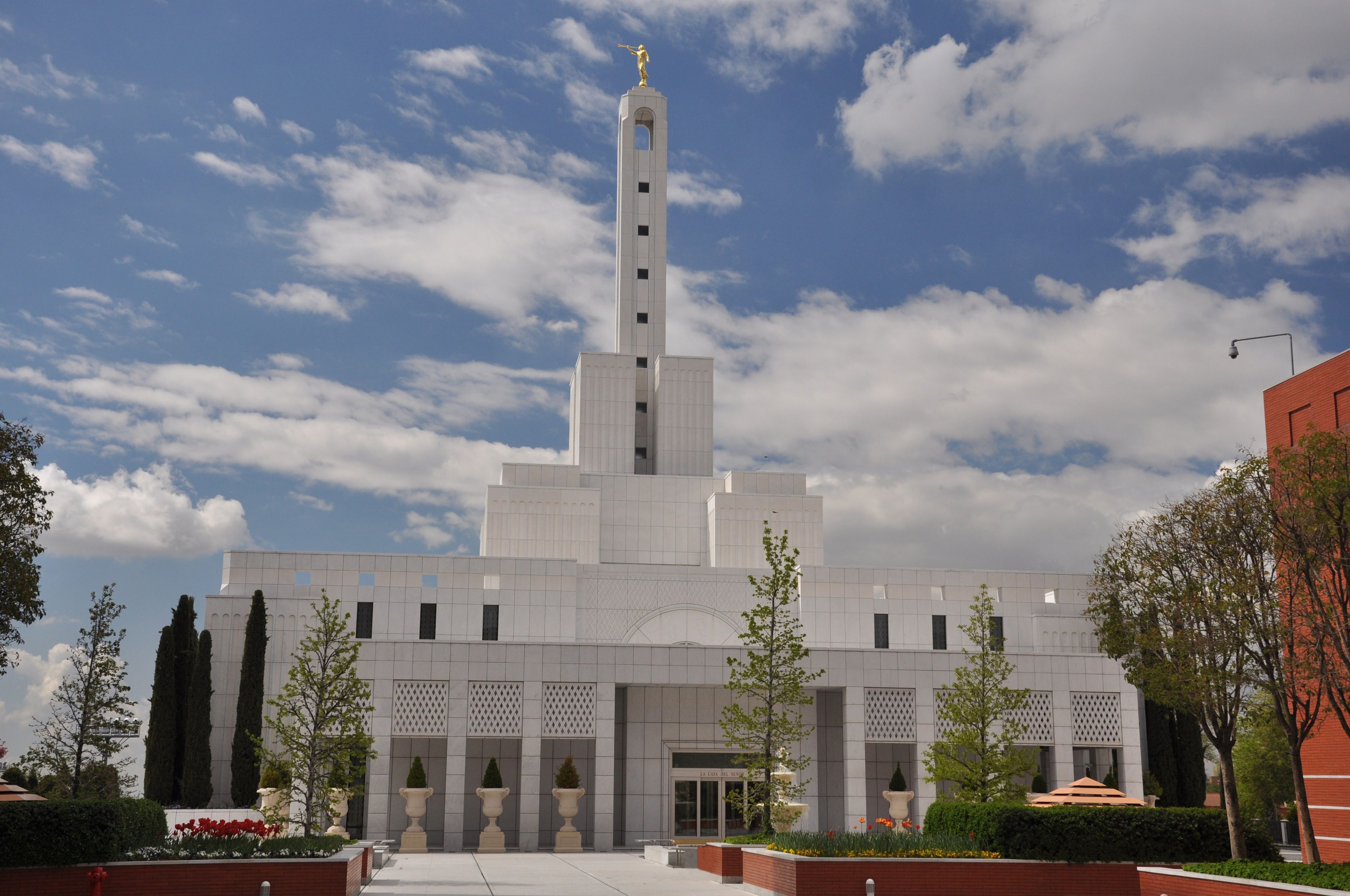 The Madrid Spain Temple entrance, including scenery.