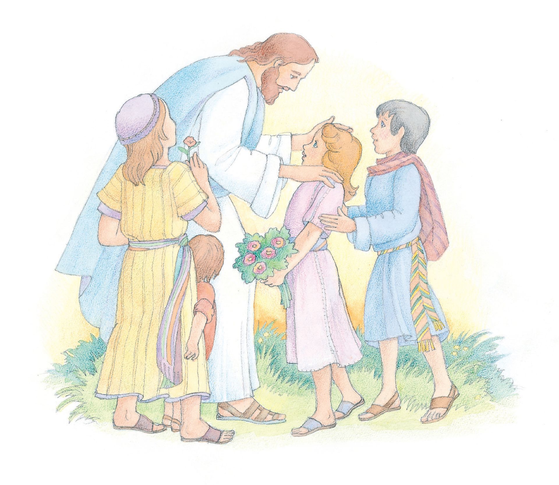 Christ standing and interacting with four young children. From the Children’s Songbook, page 80, “Had I Been a Child”; watercolor illustration by Phyllis Luch.