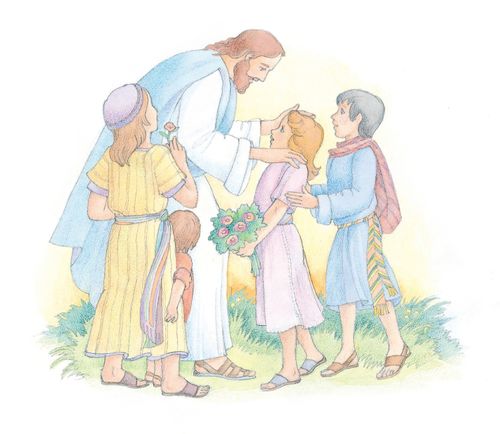 A watercolor illustration of Christ standing among four children, some of whom are holding flowers.