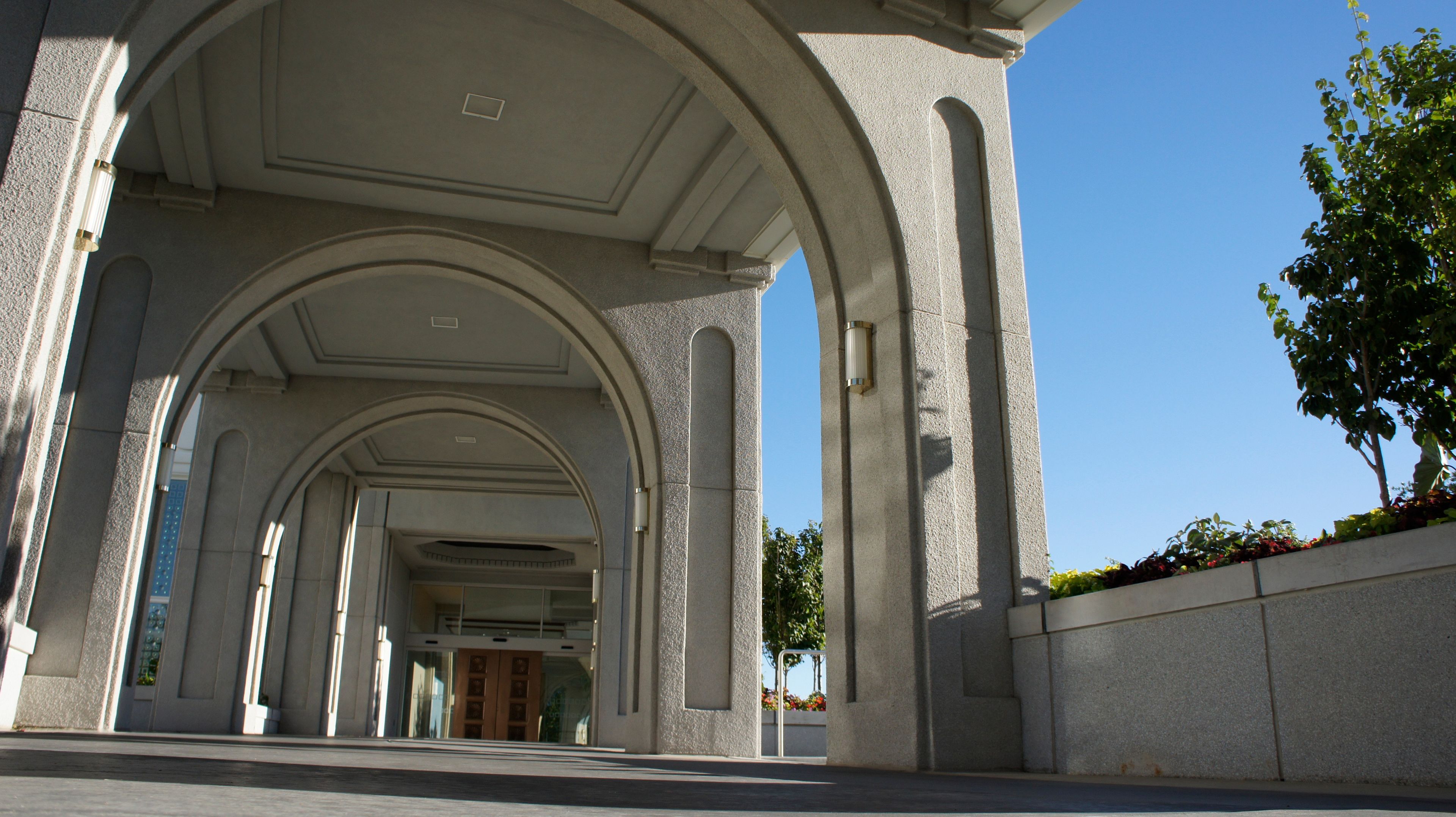 The Mount Timpanogos Utah Temple entrance, including the exterior of the temple.