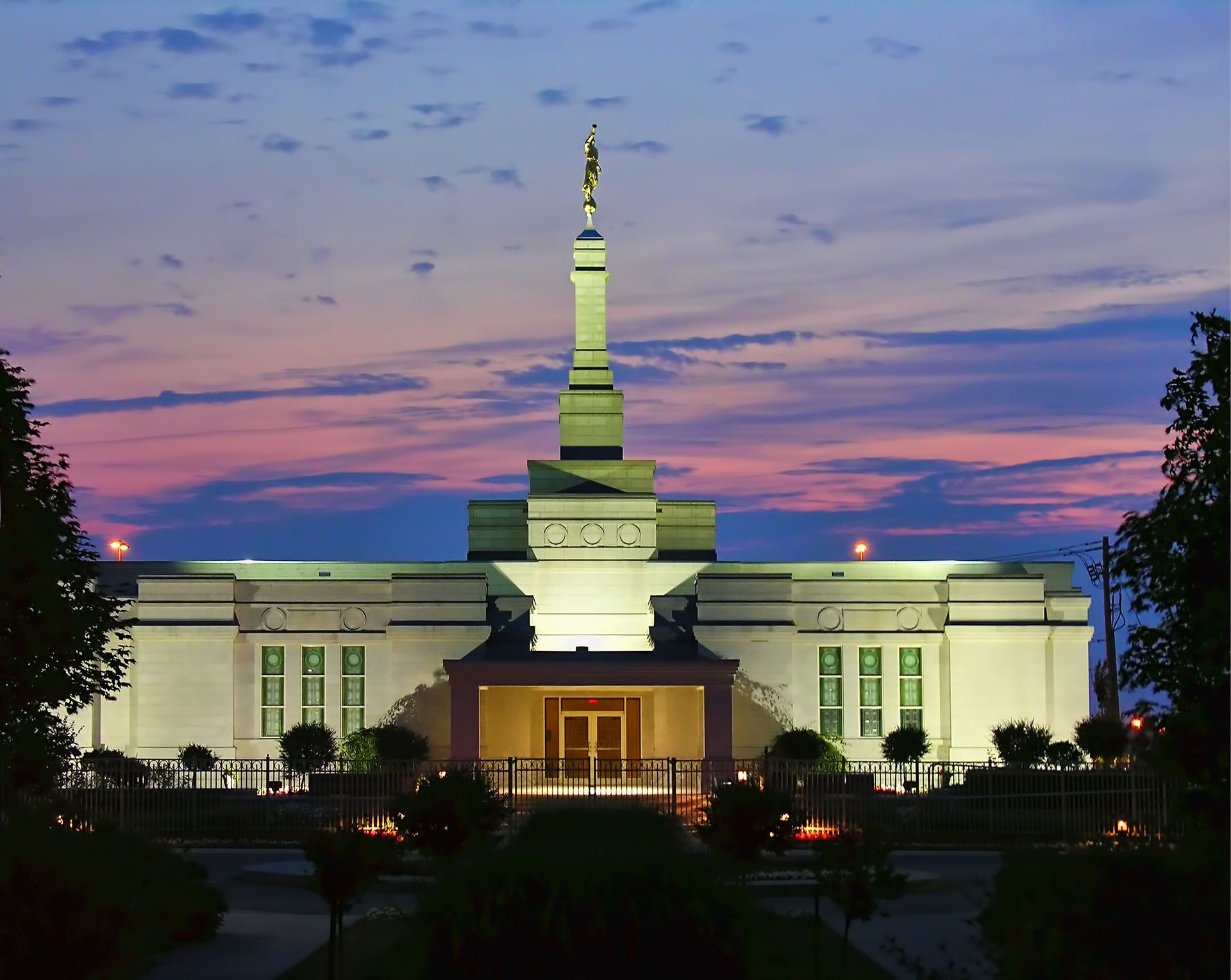 The Montreal Quebec Temple in the evening, including entrance and scenery.