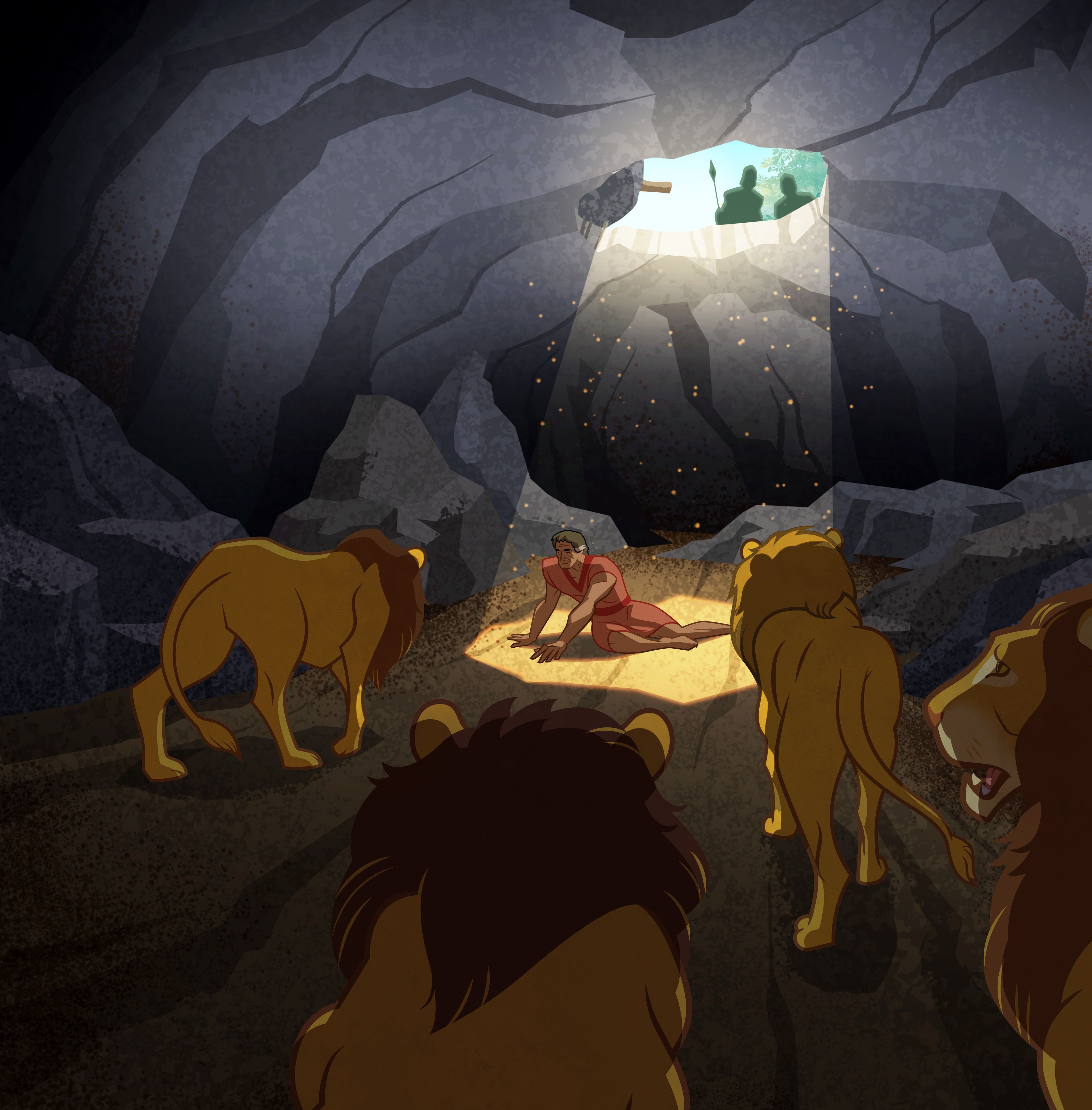 Illustration of Daniel in lions’ den. Daniel 6:16–18