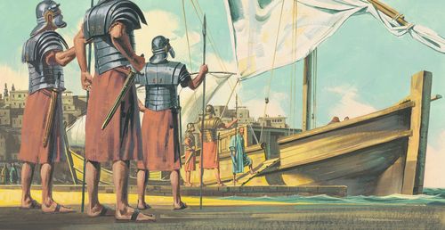 King Agrippa sends Paul to Rome. Paul is shown boarding a ship. - ch.63-7