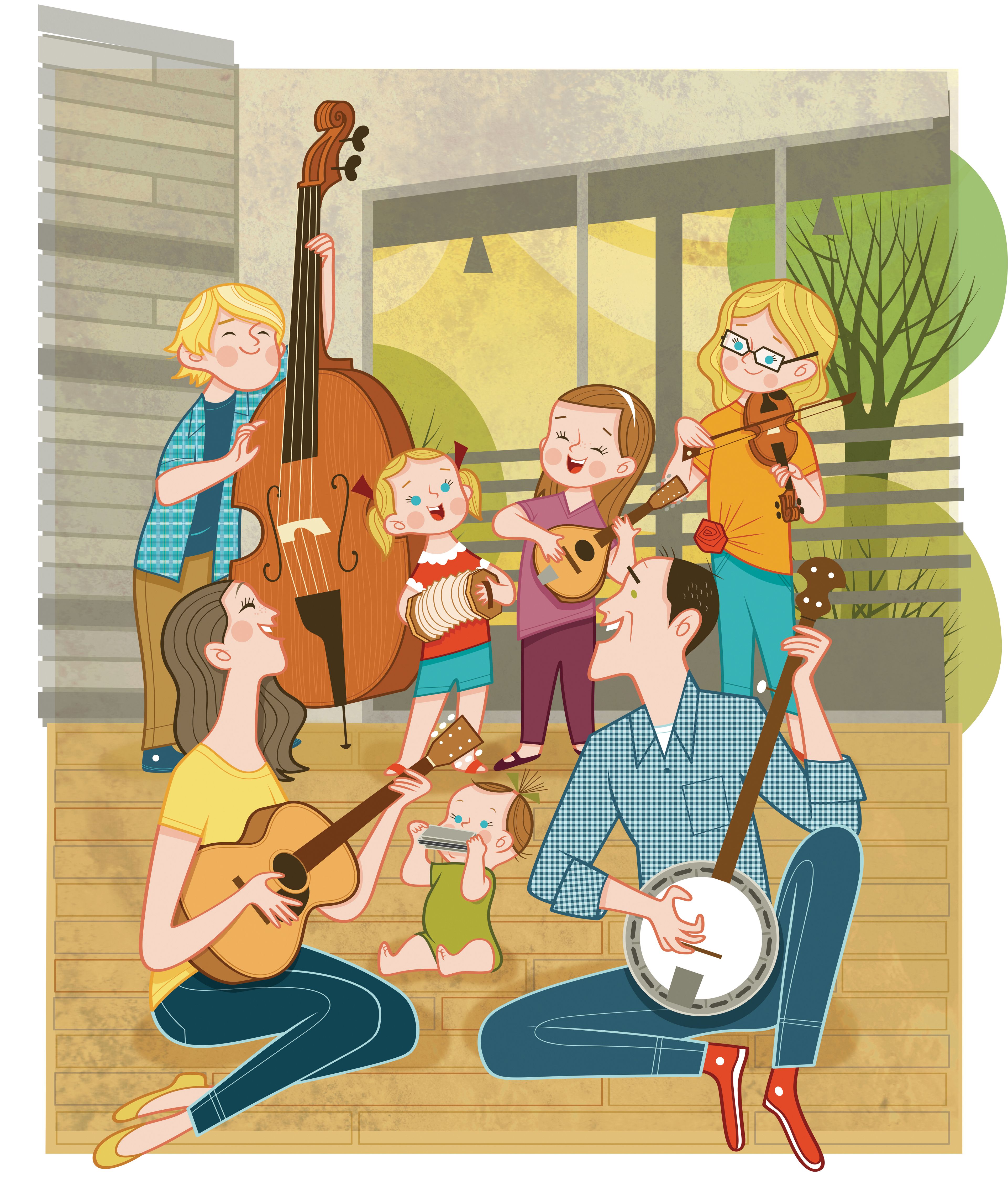 A mother and father and their five children play instruments together in their home.