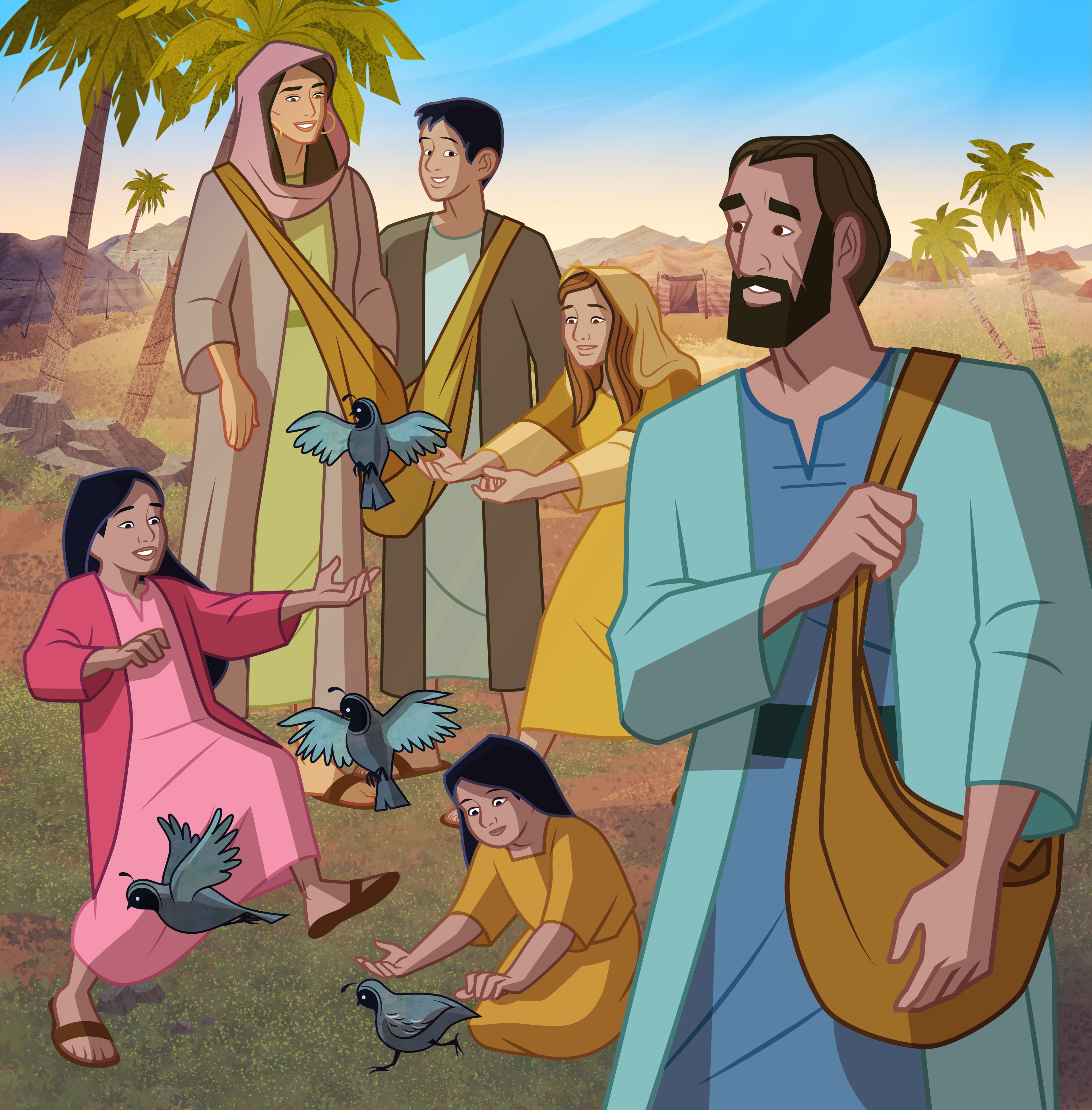 Illustration of Israelites gathering quail. Exodus 16:11–13