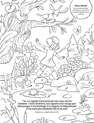 a coloring page of a girl walking through a forest scene