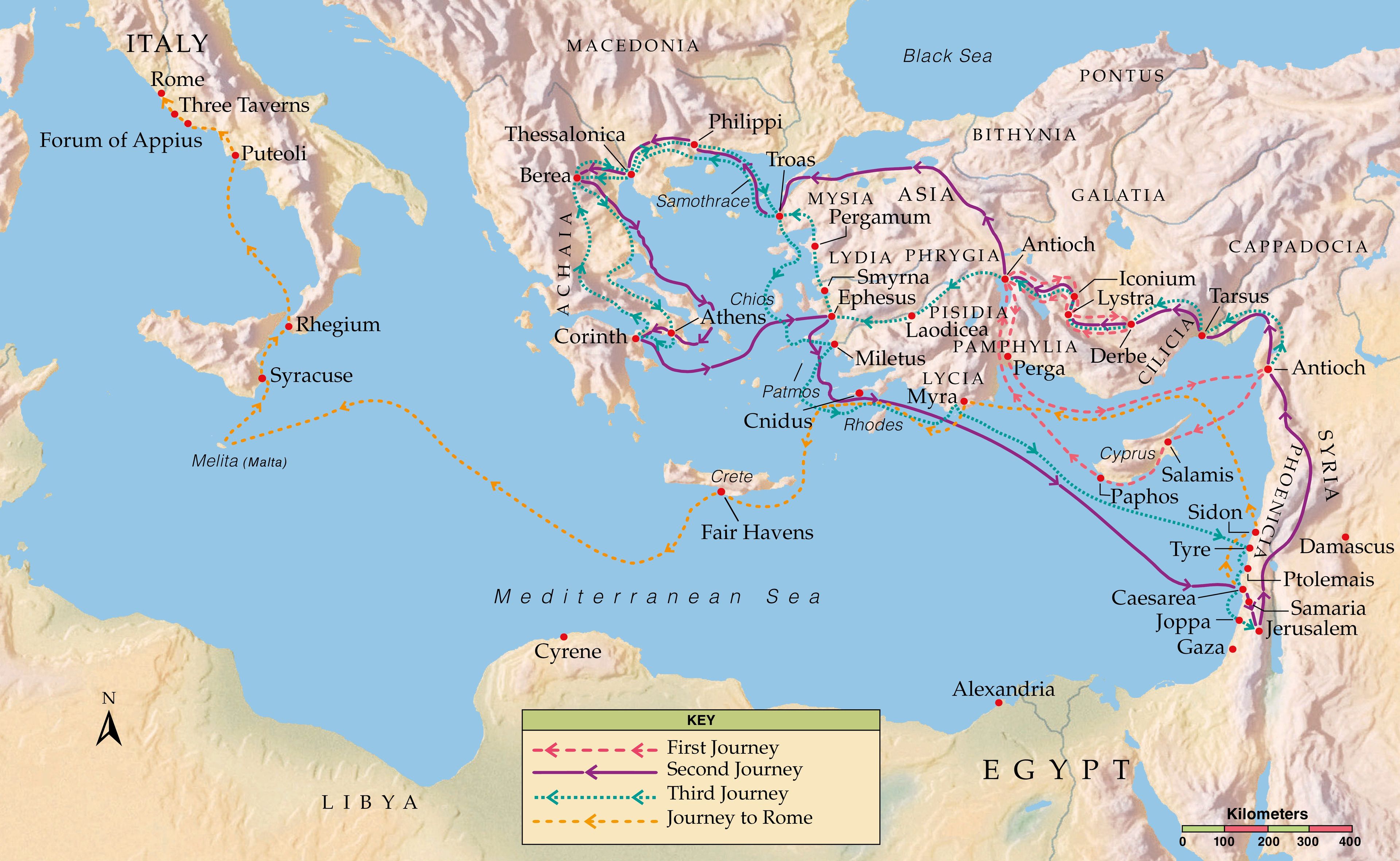 Bible Map. The Missionary Journeys of the Apostle Paul.