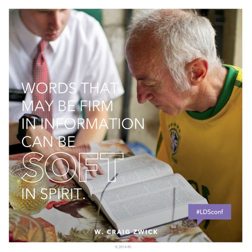 An image of a man reading the scriptures, paired with a quote by Elder W. Craig Zwick: “Words … can be soft in spirit.”