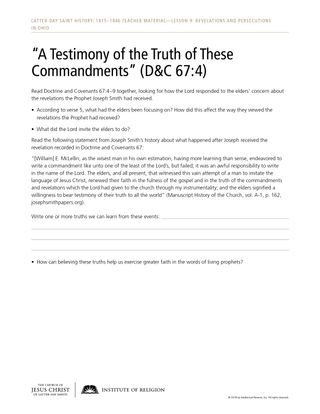 “A Testimony of the Truth of These Commandments” (D&C 67:4) handout