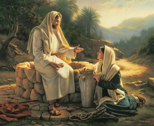 Jesus Christ depicted teaching a Samaritan woman at a well. Christ is portrayed sitting on the edge of the well. The woman is seated on the ground before Him.