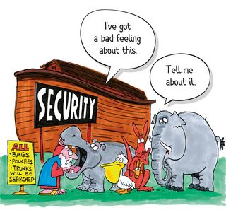 Illustration of a cartoon of Noah and his ark. He is checking a mouth of a hippo for contraband. There is a pelican, kangaroo, and an elephant waiting in line. There is a large sign in front of the ark that says "Security".