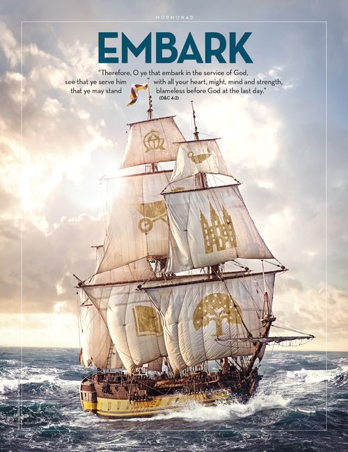 An image of a large ship with gospel symbols on the sails, paired with the word “Embark.”