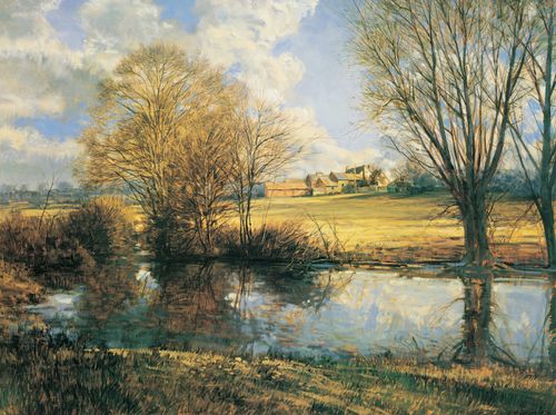 A painting by Francis R. (Frank) Magleby of the Benbow pond bordered by bushes and trees with a large, open field and farm in the distance.