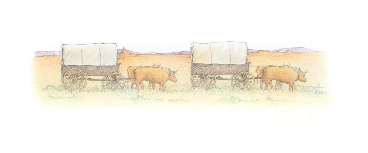 Two covered wagons are pulled by oxen across the plains. From the Children’s Songbook, page 221, “Covered wagons”; watercolor illustration by Beth Whittaker.