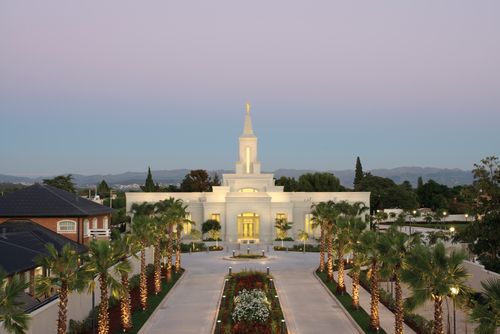 Two sidewalks, palm trees, and lights leading to the entrance of the Córdoba Argentina Temple in the evening.