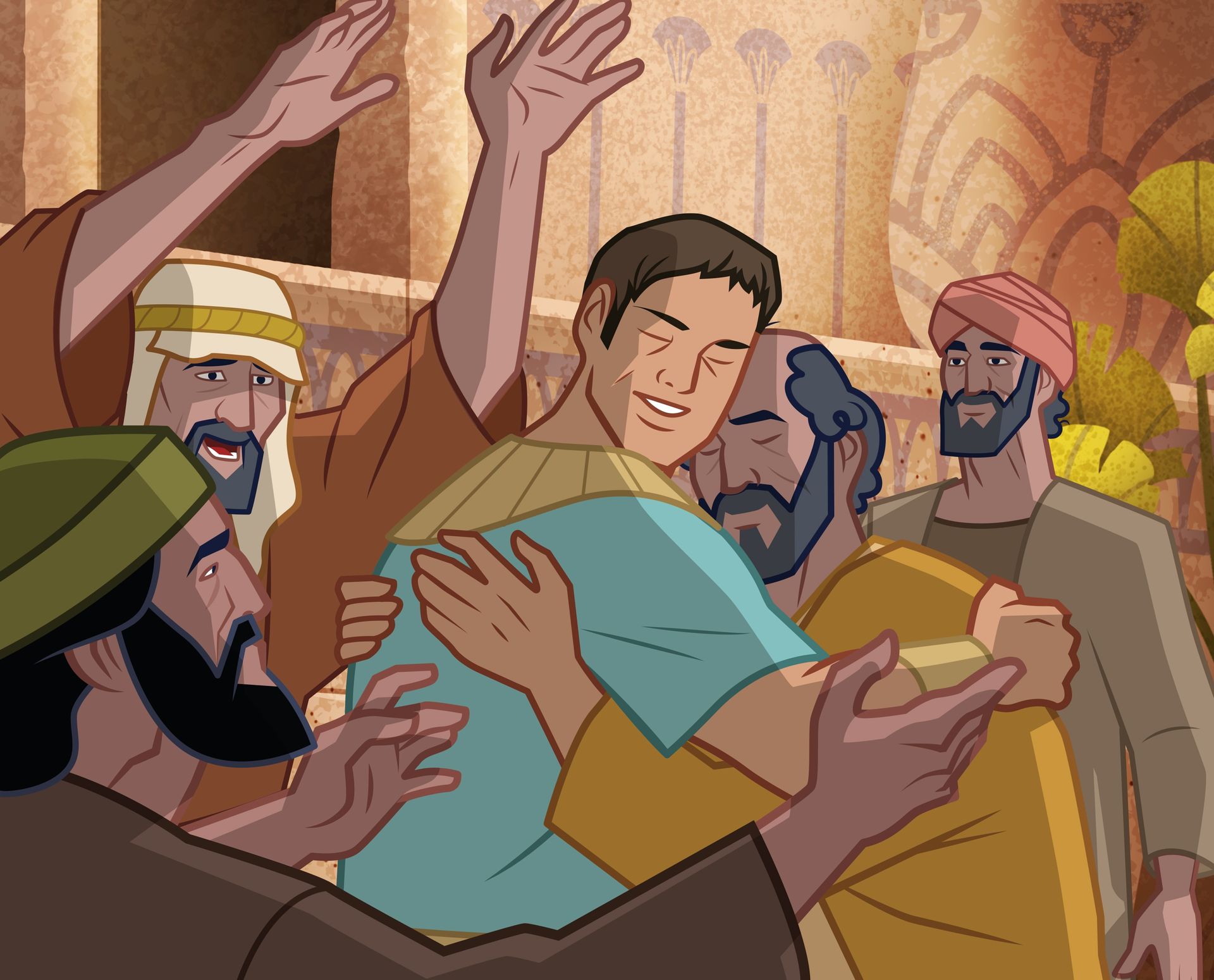 Illustration of Joseph hugging his brothers. Genesis 45:5–8