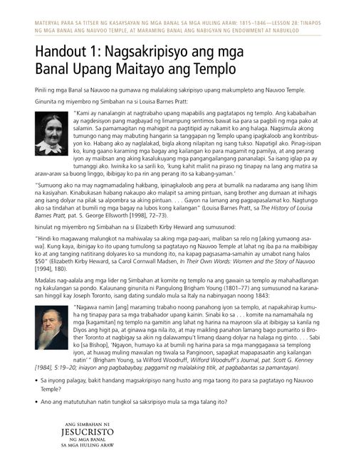 Handout 1: Nagsakripisyo ang mga Banal upang Itayo ang Templo