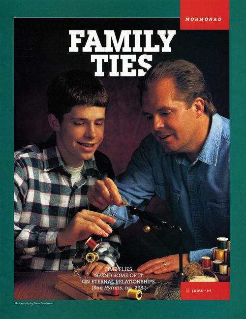 A poster of a father and son making fishing flies together, paired with the words “Family Ties.”
