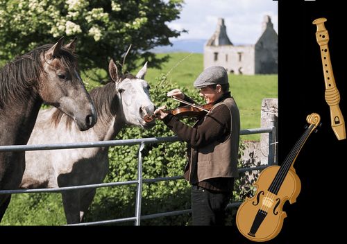 Recorder and man playing a violin next to horses