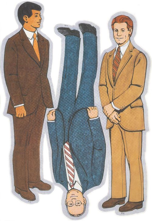 Primary cutouts of a man in a brown suit and an orange tie, a man in a blue suit with glasses, and a man with red hair in a light brown suit.