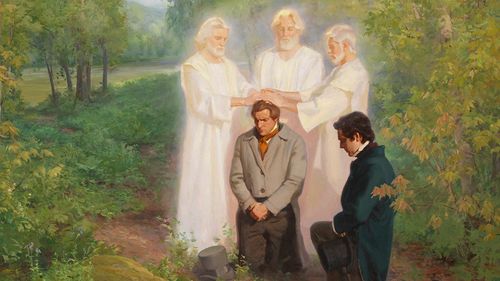 Peter, James, and John giving the Melchizedek priesthood to Joseph Smith