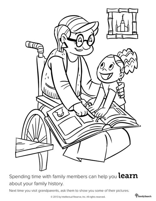 A black-and-white drawing of a grandmother sitting in a wheelchair and showing her granddaughter a photo album on her lap.