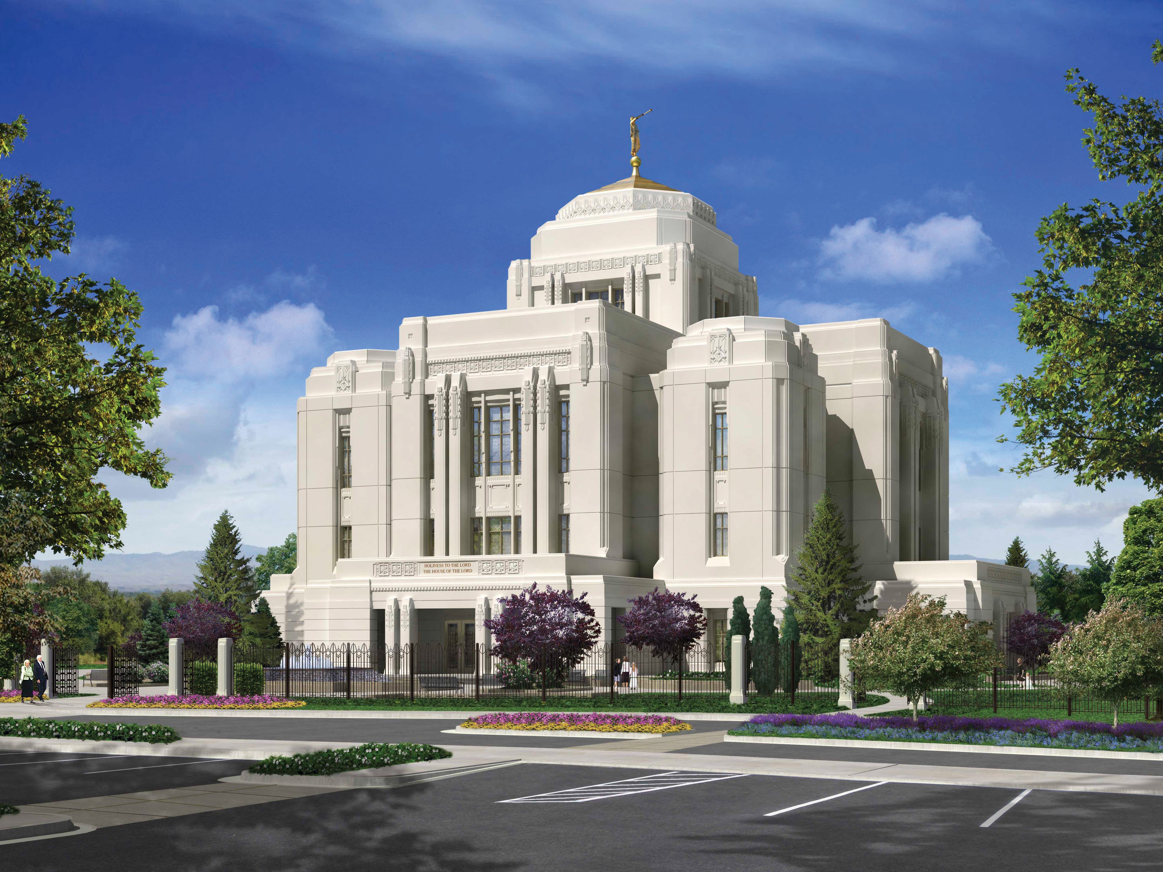 An artist’s rendering of the exterior of the Meridian Idaho Temple.