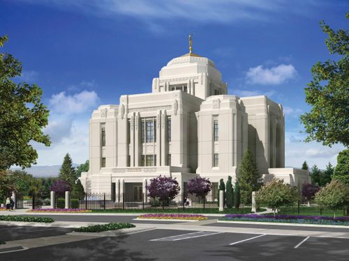 An artist’s rendering of the exterior of the Meridian Idaho Temple.
