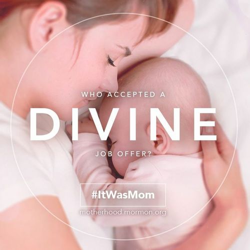 A photograph of a mother and a newborn baby with the words “Who accepted a divine job offer?” printed over the top.
