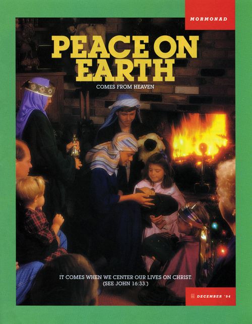 A photograph of a family reenacting the Nativity scene near the fireplace, paired with the words “Peace on Earth Comes from Heaven.”