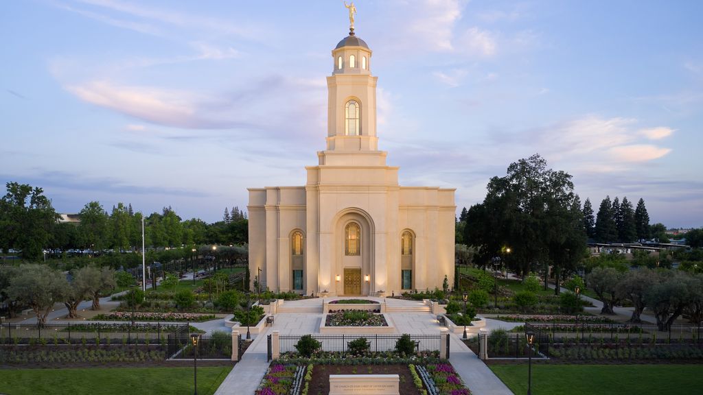 Exterior images of the Feather River California Temple. Images show the temple surrounded by the grounds and gardens.  