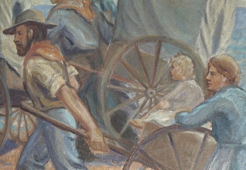 A painting by John B. Fairbanks depicting a family pulling their handcart across the plains.