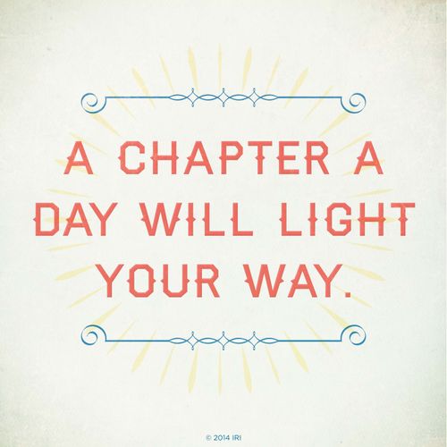 A neutral white background with pale white and blue designs combined with the words “A chapter a day will light your way.”
